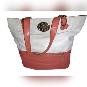 Emma Fox Colorblock Shoulder Bag. Goldtone Hardware. Double Sided. Logo. Orange.